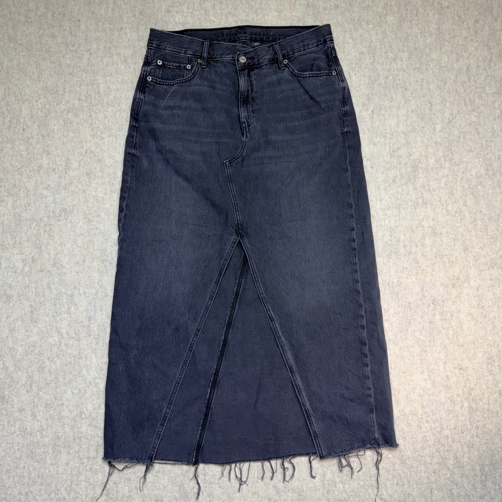 American Eagle Maxi Jean Denim Skirt Women 12 Black 90s High Rise Faded‎ Raw Hem